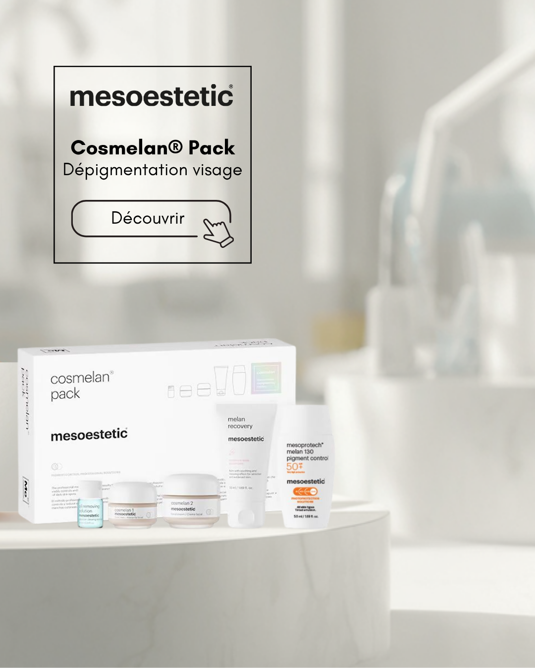 Produits du pack Cosmelan de mesoestetic présentés pour le traitement des taches pigmentaires du visage